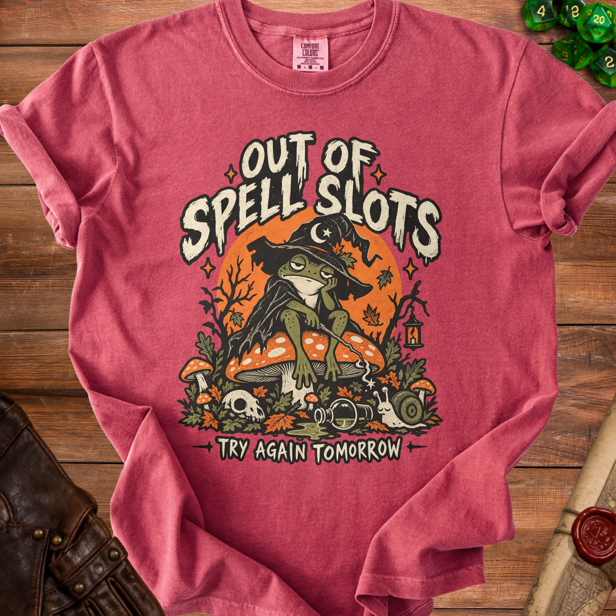 T-shirt with a frog wizard graphic and text "Out of Spell Slots Try Again Tomorrow".