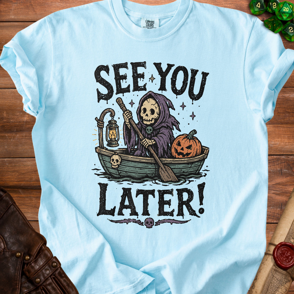 Grim reaper in a boat with a pumpkin, "See You Later!" text.