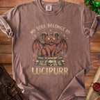 Brown t-shirt with a demon cat graphic that reads "My Soul Belongs To Lucipurr".