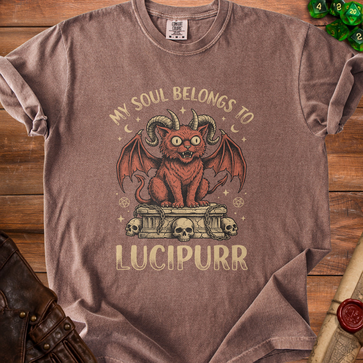 Brown t-shirt with a demon cat graphic that reads "My Soul Belongs To Lucipurr".