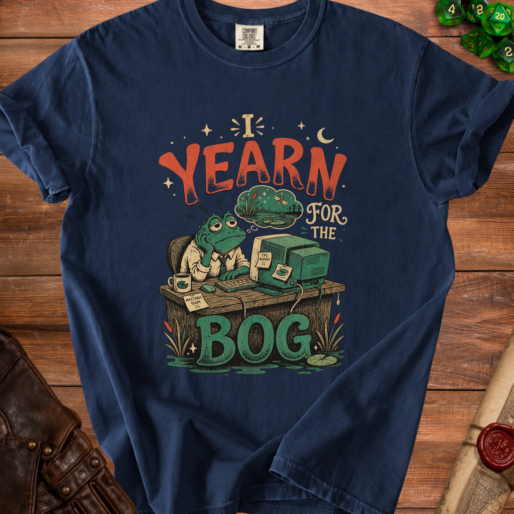 T-shirt graphic of a frog at a computer, dreaming of the bog.