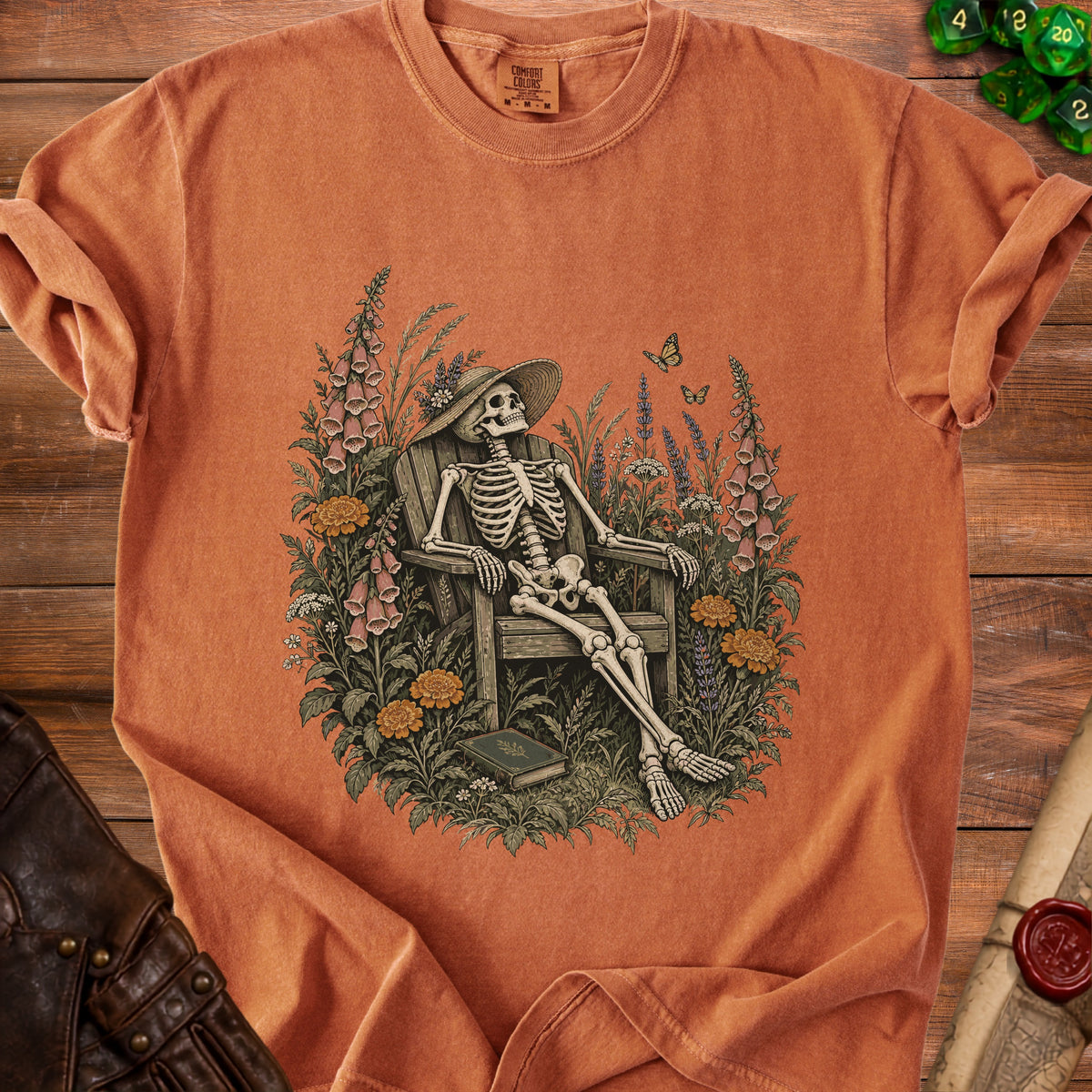 Skeleton relaxing in a garden with flowers and butterflies, wearing a hat.