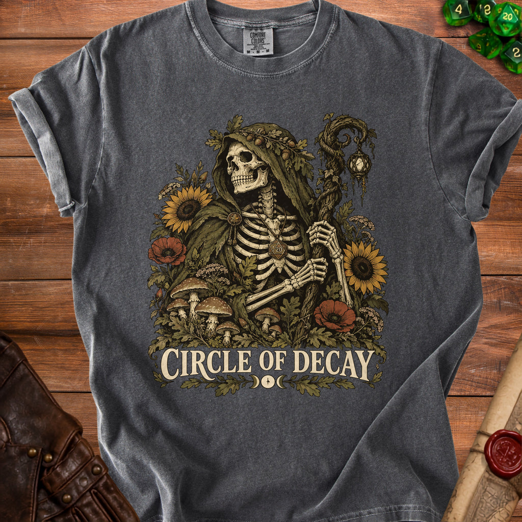 Dark grey t-shirt featuring a skeleton with a staff and "CIRCLE OF DECAY" text.