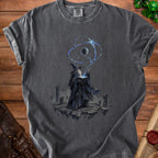 Dark t-shirt with wizard casting a spell over a celestial orb graphic.