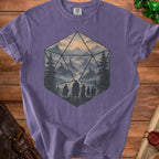Purple t-shirt with a D20 dice graphic featuring a fantasy landscape and adventurers.