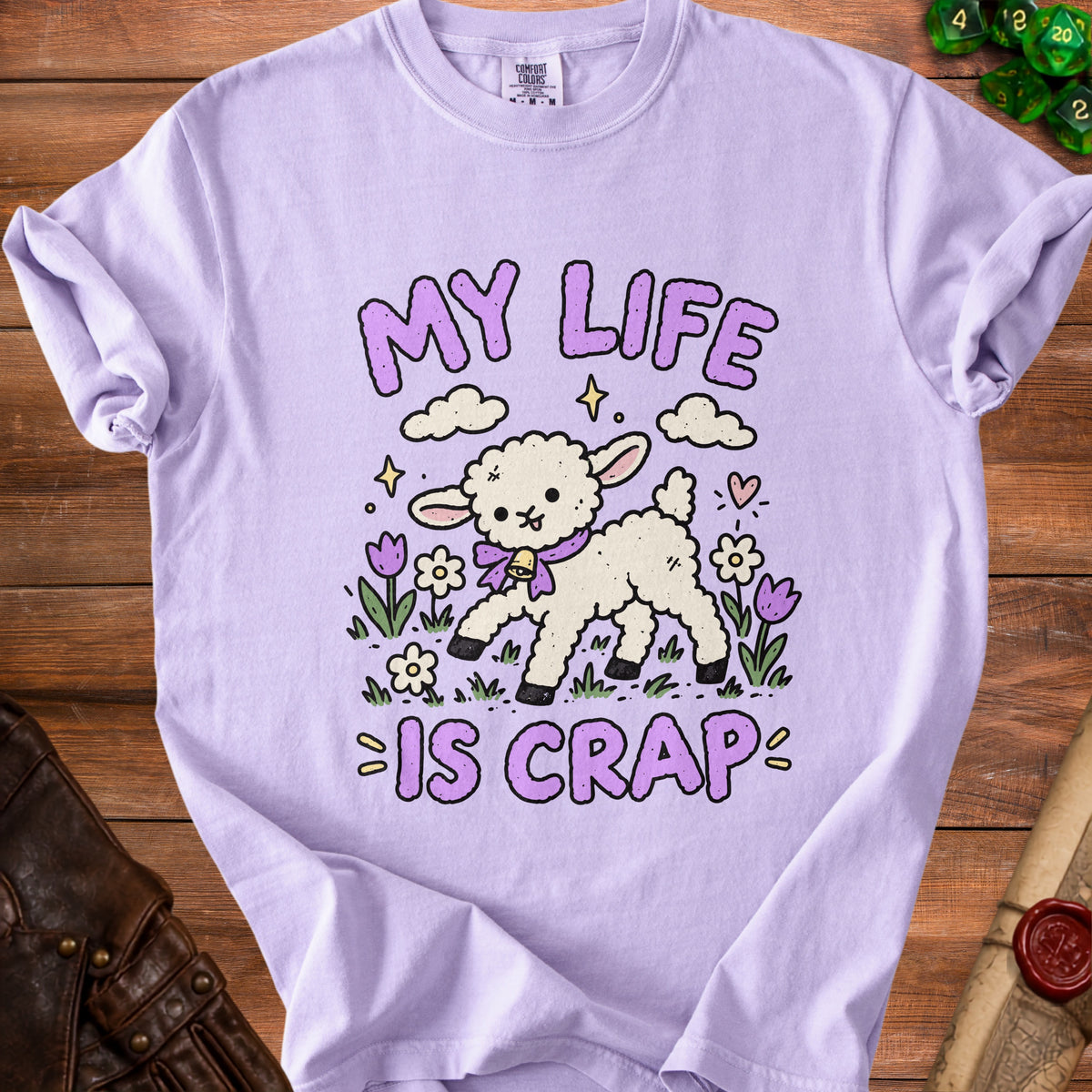 Lavender t-shirt with a cute lamb graphic and text "MY LIFE IS CRAP".