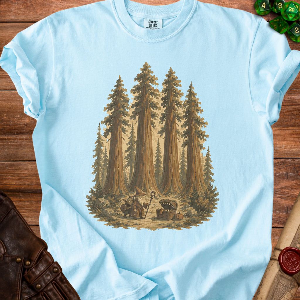 T-shirt with wizard, goblin, and open treasure chest in a forest.