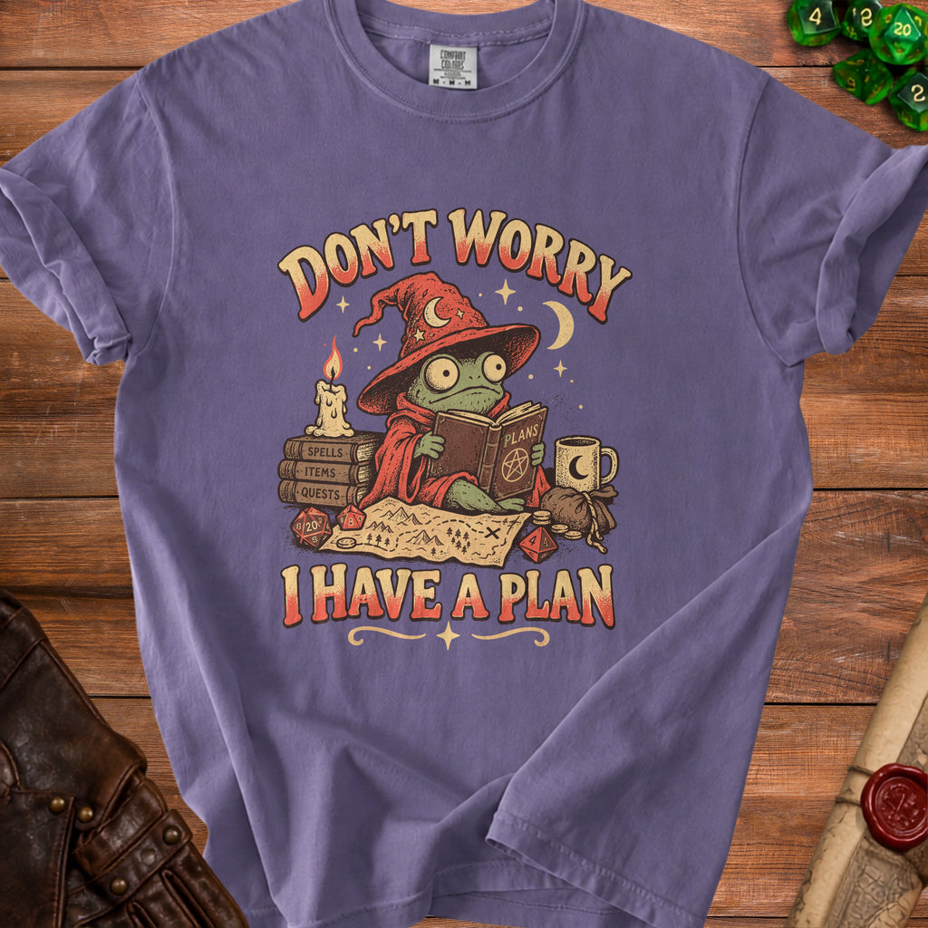 Purple t-shirt with wizard frog graphic and text "Don't worry I have a plan".