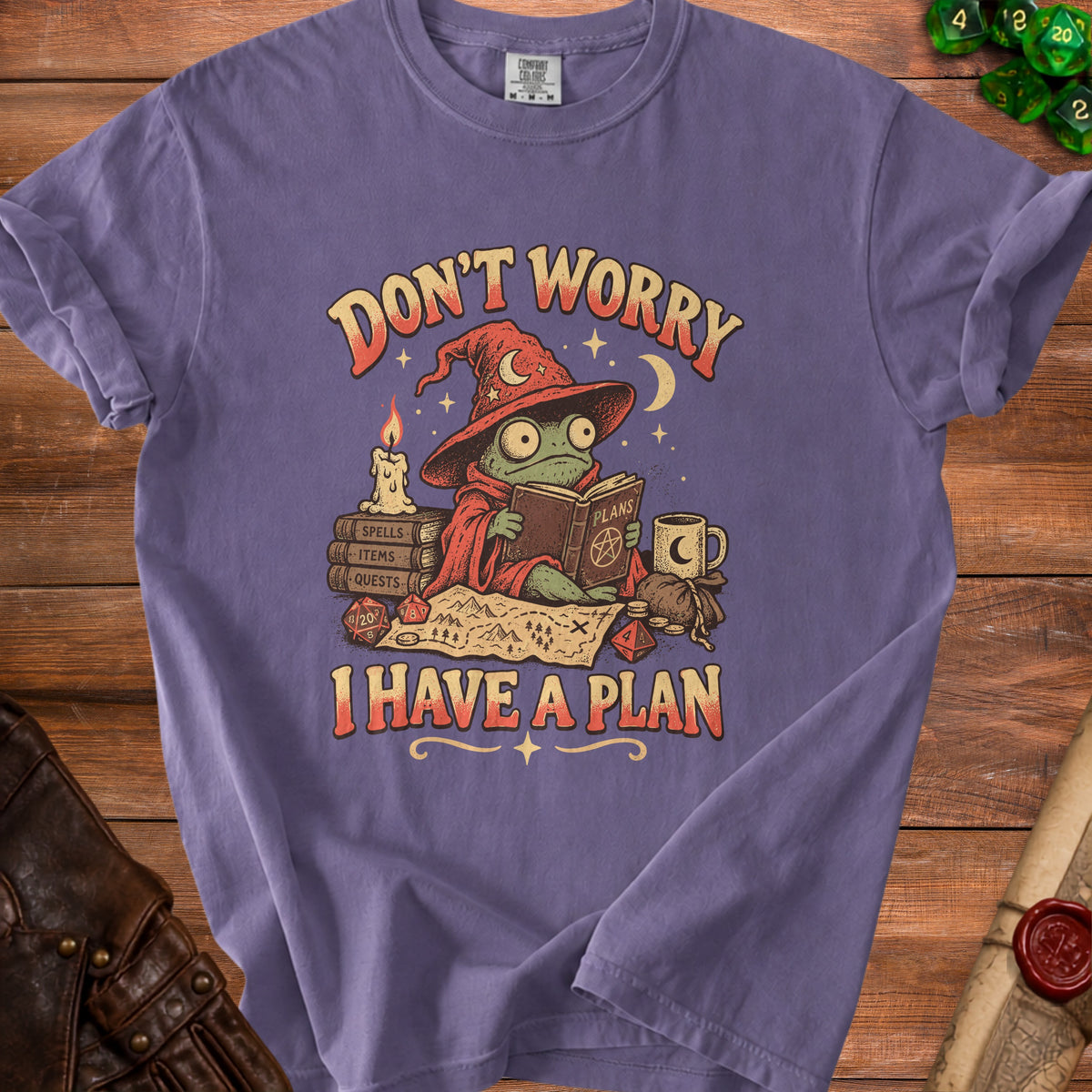 Purple t-shirt with wizard frog graphic and text "Don't worry I have a plan".