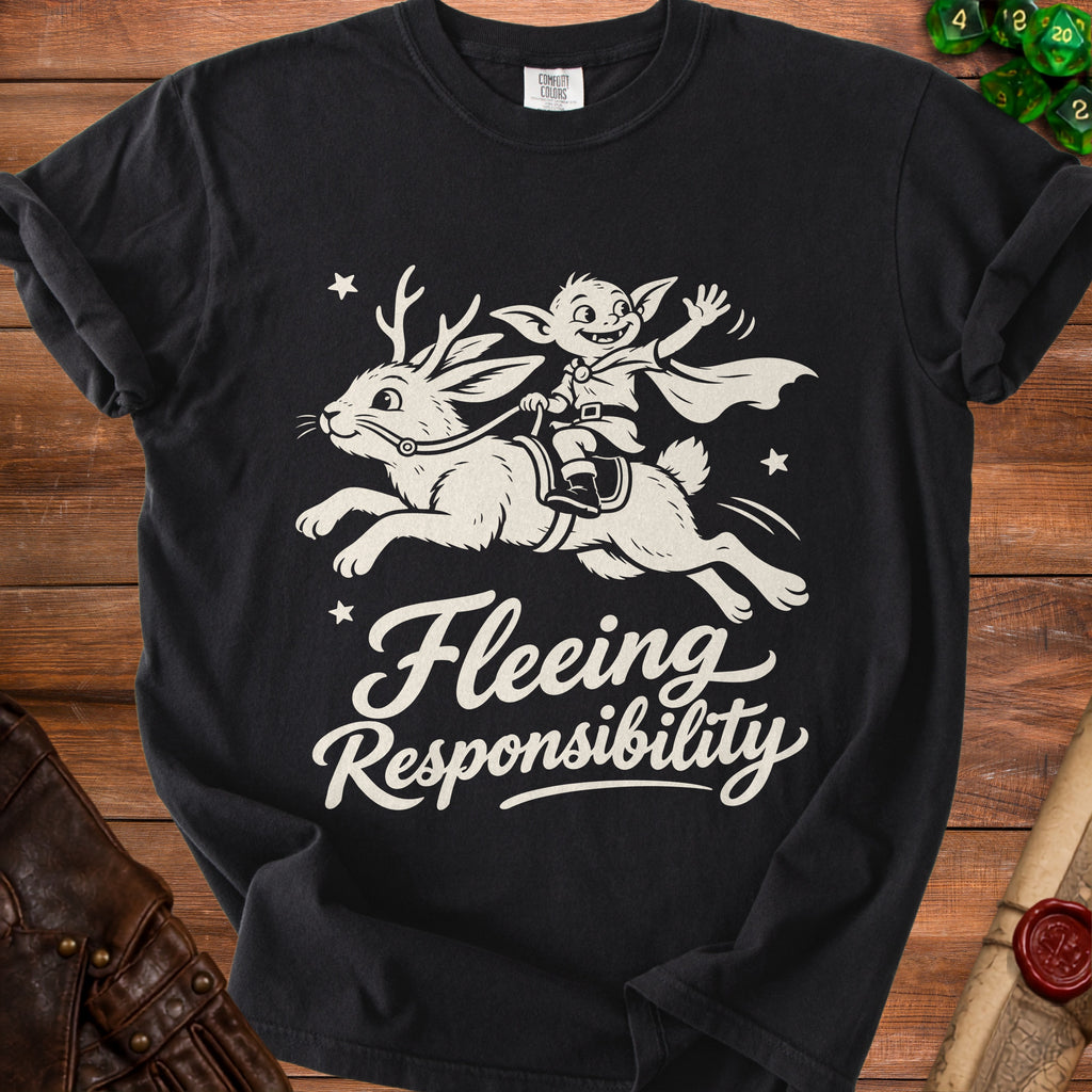 Black t-shirt with a goblin riding a deer-antlered rabbit, text "Fleeing Responsibility".
