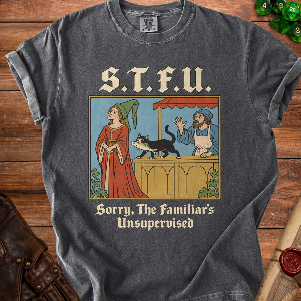 Charcoal t-shirt featuring medieval-style graphic of a cat stealing a fish from a market stall with text.