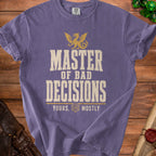 Purple t-shirt with gold dragon and text "MASTER OF BAD DECISIONS YOURS, 20 MOSTLY".