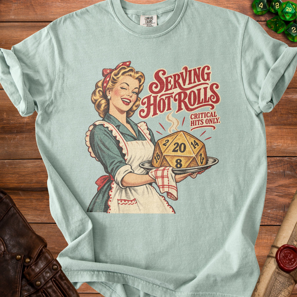 Retro woman serving a D20 dice labeled "Serving Hot Rolls Critical Hits Only."