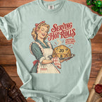 Retro woman serving a D20 dice labeled "Serving Hot Rolls Critical Hits Only."