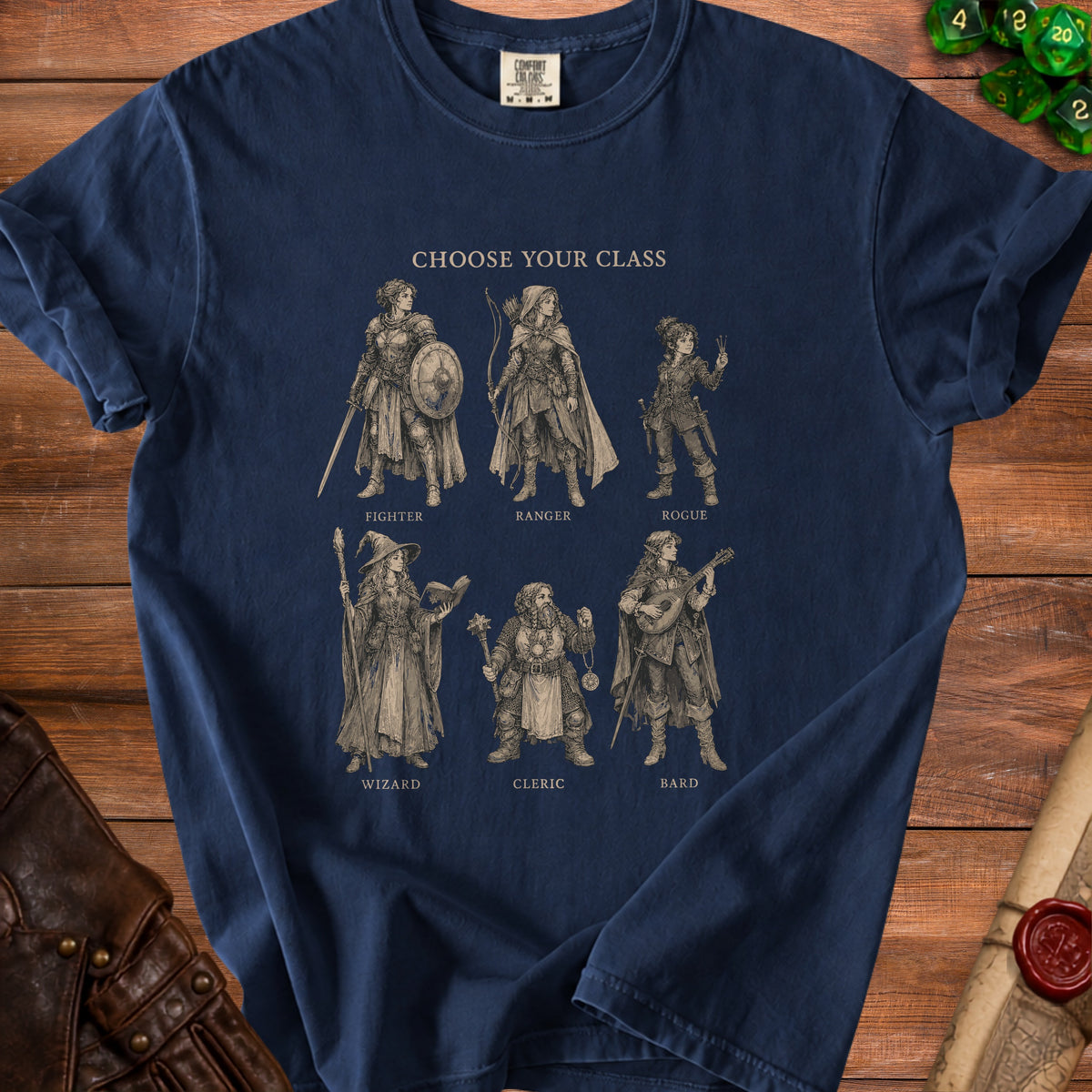 Navy t-shirt with "CHOOSE YOUR CLASS" and six fantasy character illustrations.