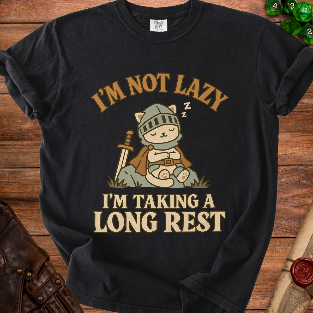 Black t-shirt with "I'M NOT LAZY I'M TAKING A LONG REST" and sleeping knight cat graphic.