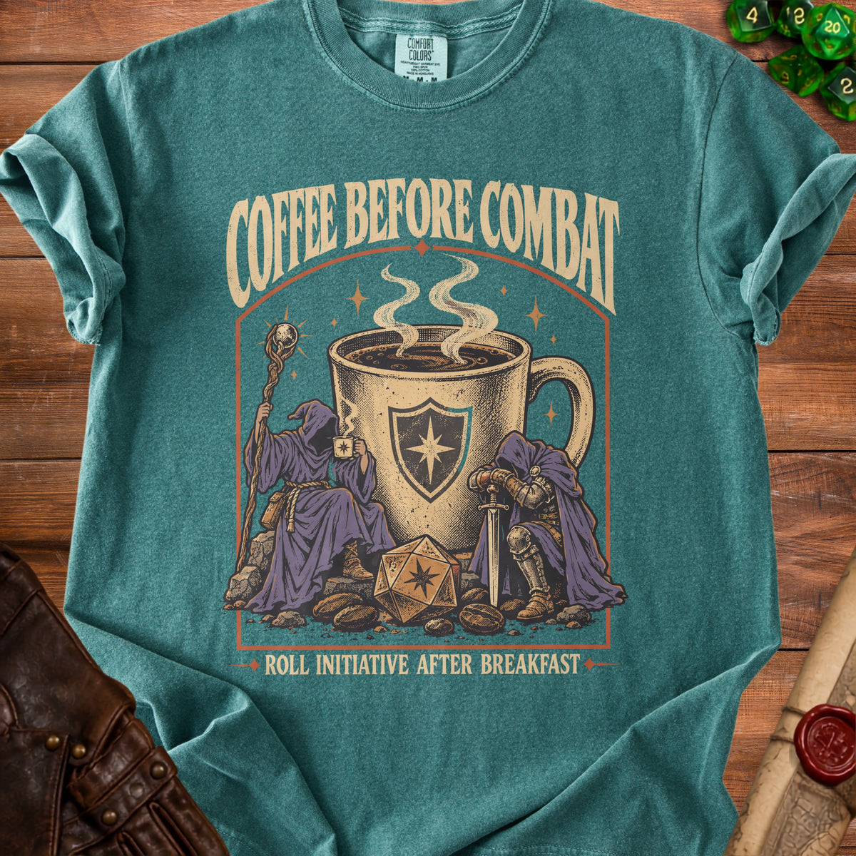 Green t-shirt with "Coffee Before Combat" and dice graphic.