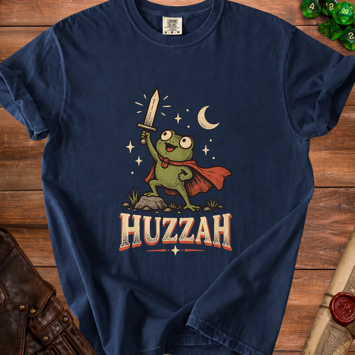 Frog with sword and cape, under moon and stars, with "HUZZAH" text.