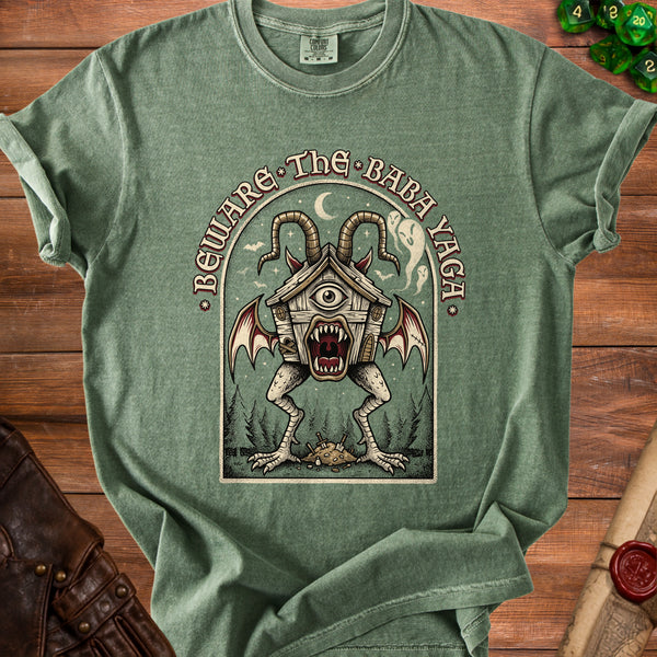 Baba Yaga Winged Hut Guardian T-Shirt in Moss