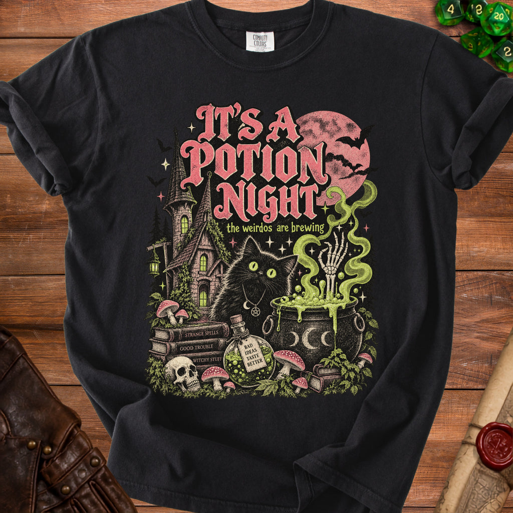 Black t-shirt with "It's a Potion Night" and brewing scene.