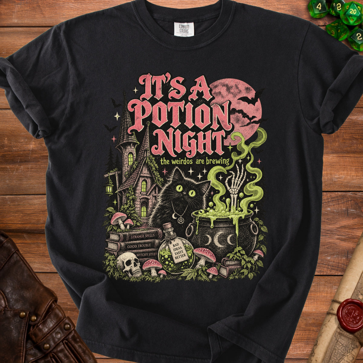 Black t-shirt with "It's a Potion Night" and brewing scene.