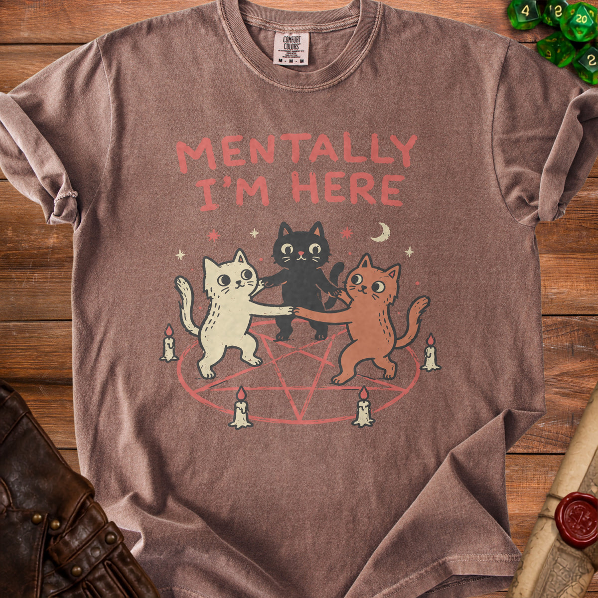 T-shirt with three cats dancing in a pentagram with candles.