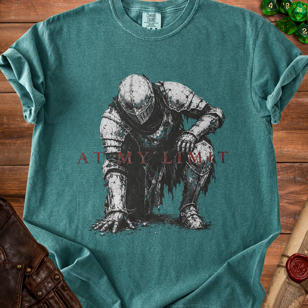 Teal t-shirt with distressed knight graphic and text "AT MY LIMIT".