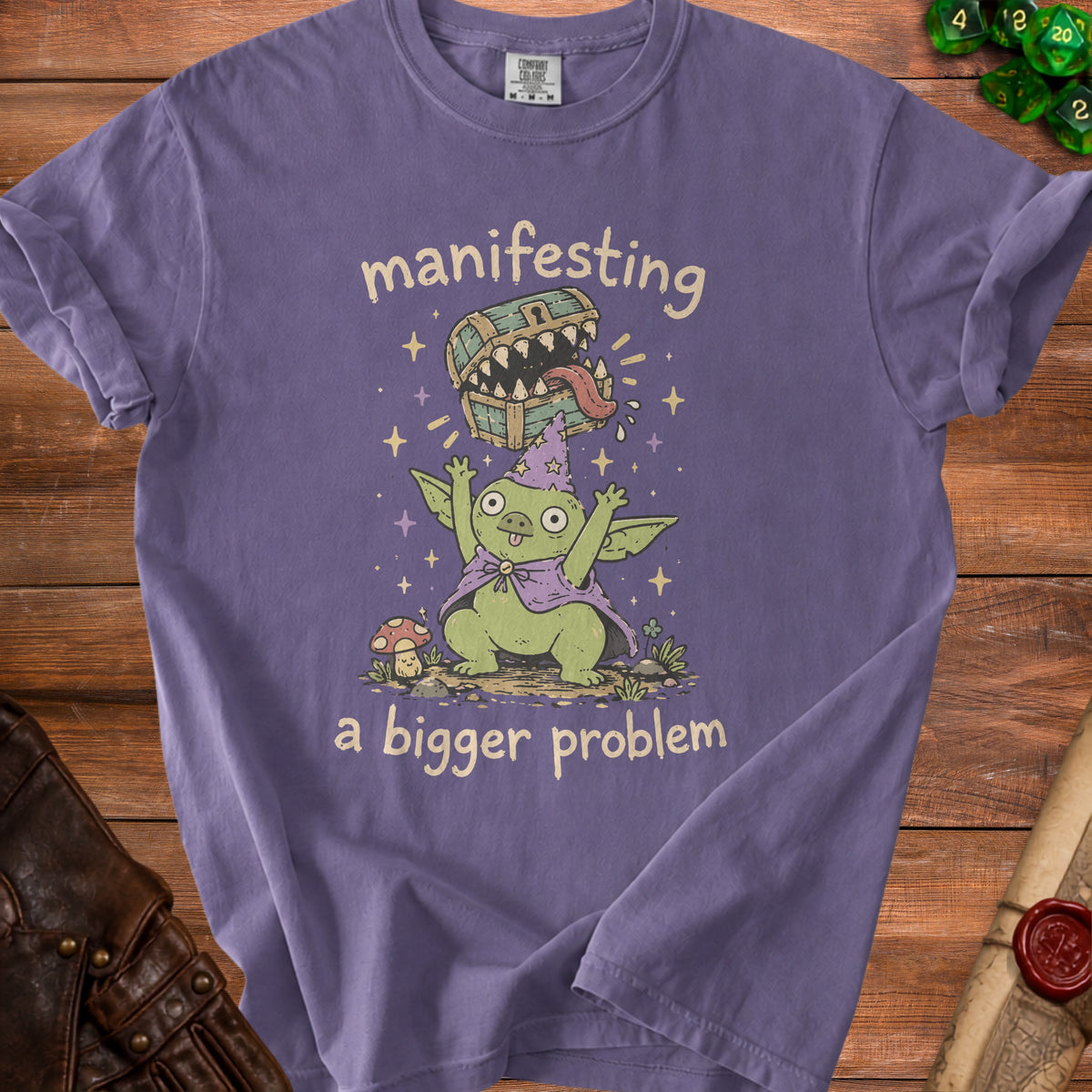 Goblin in wizard hat with chest, "manifesting a bigger problem" text.