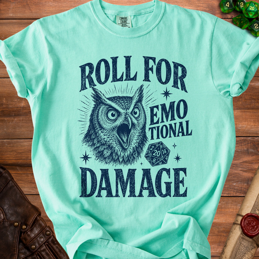 Aqua t-shirt with graphic of screaming owl, dice, and text "Roll for Emotional Damage".