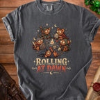 T-shirt graphic of mice playing Dungeons & Dragons, with text "Rolling at Dawn".