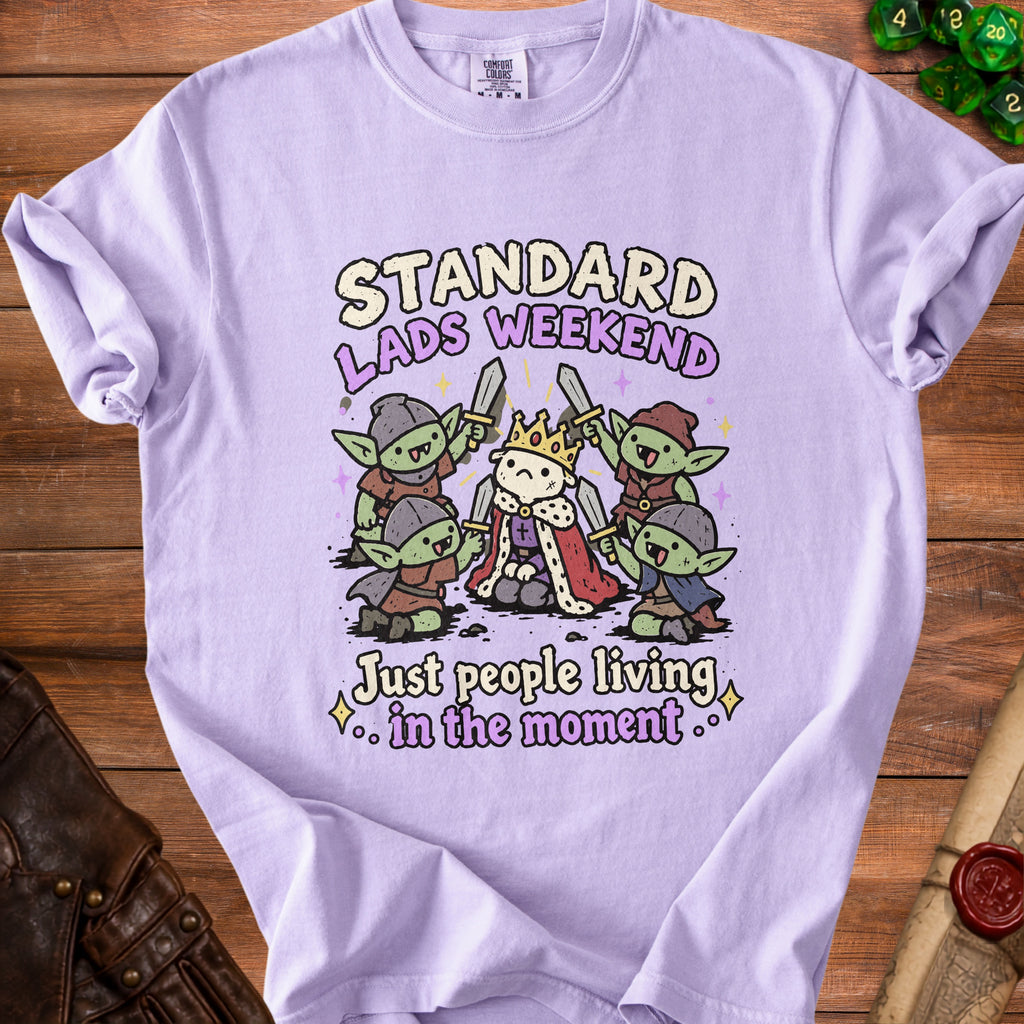 Lilac t-shirt with goblins and a king graphic reading "Standard Lads Weekend".