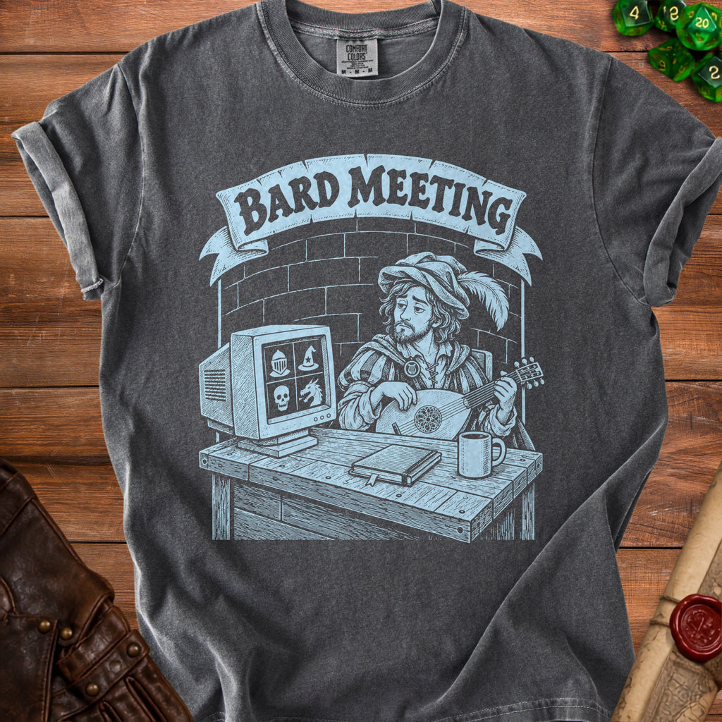 T-shirt graphic featuring a bard playing lute in front of a computer screen with icons.