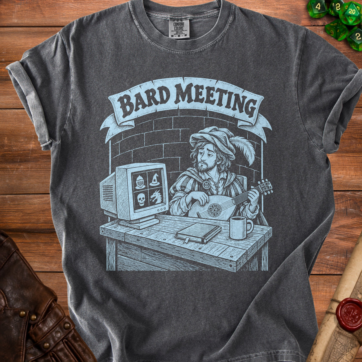 T-shirt graphic featuring a bard playing lute in front of a computer screen with icons.