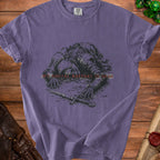 Purple t-shirt with skeletal knight graphic and text "MY SOCIAL BATTERY IS DEAD".