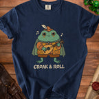 Navy t-shirt with cartoon frog playing lute, reading "Croak & Roll".