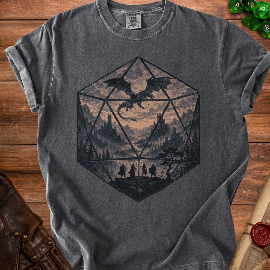 Dark grey t-shirt with a fantasy scene inside a twenty-sided die.