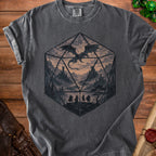 Dark grey t-shirt with a fantasy scene inside a twenty-sided die.