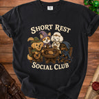 Black t-shirt with "SHORT REST SOCIAL CLUB" text and dogs dressed as fantasy characters.