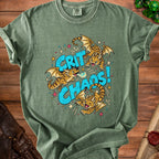 Green t-shirt with "CRIT CHAOS!" text and three cartoon dragons.