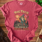 T-shirt with a wizard casting a fireball and text "BIG TALK FOR SOMEONE IN FIREBALL RANGE".