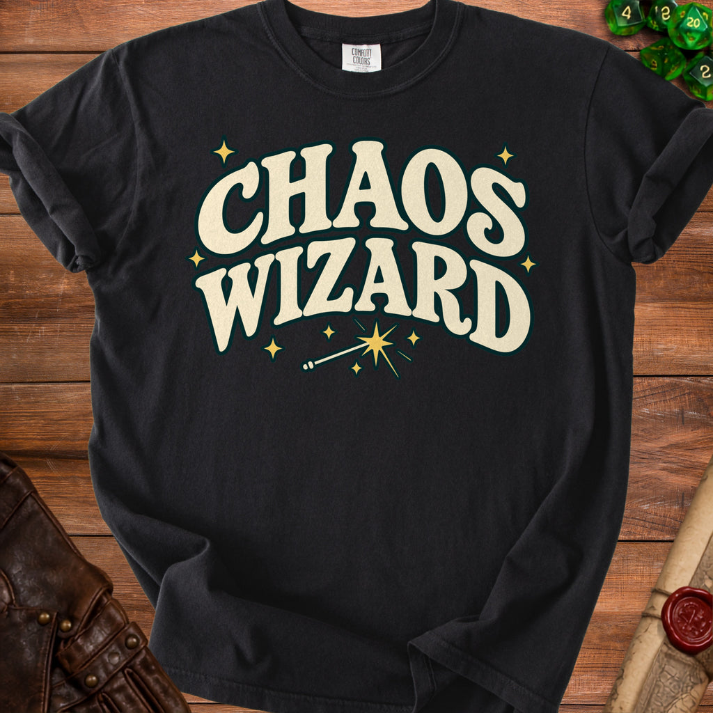 Black t-shirt with "Chaos Wizard" text in cream and teal font.