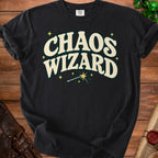 Black t-shirt with "Chaos Wizard" text in cream and teal font.