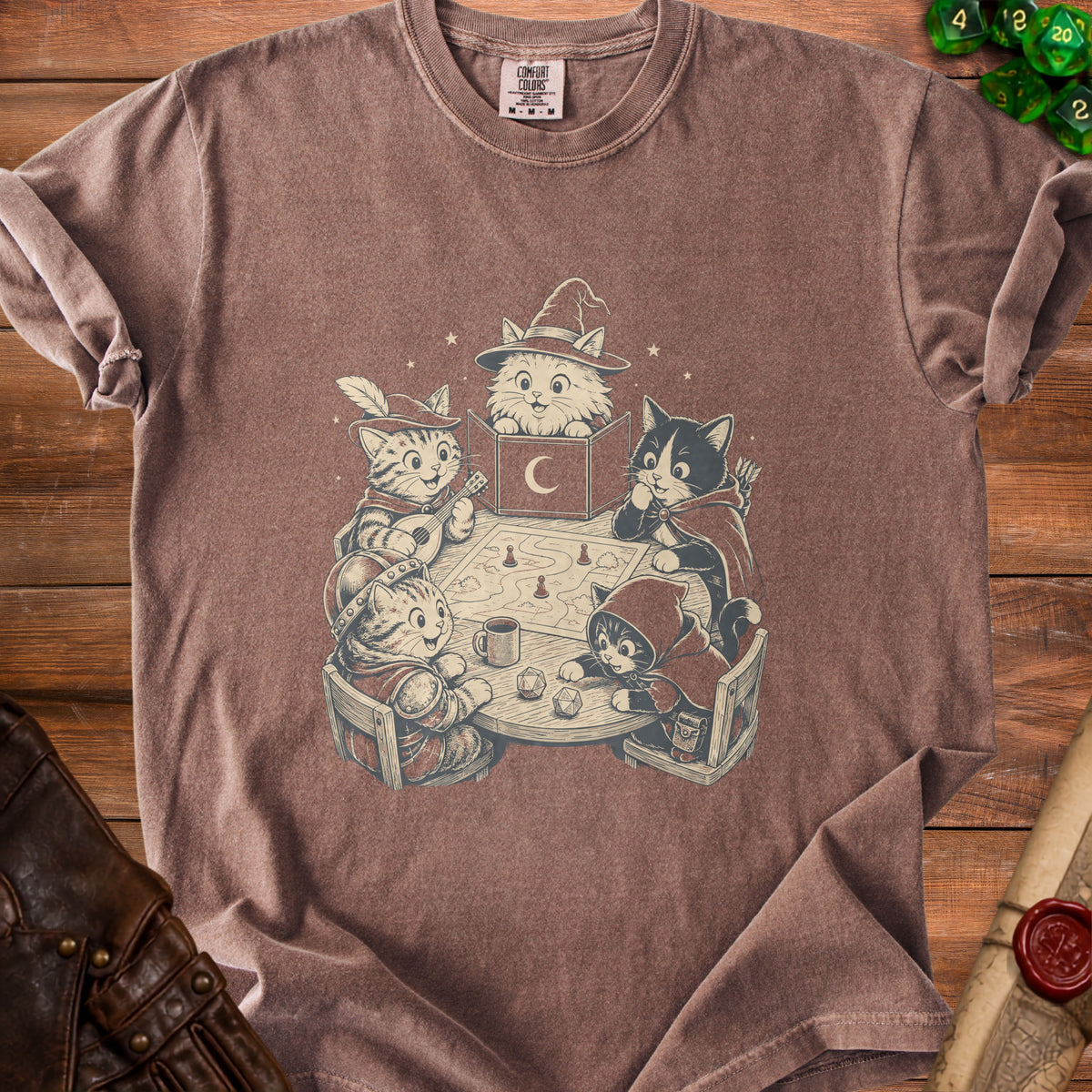 Cats dressed as adventurers playing a tabletop role-playing game with dice.
