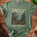 Green t-shirt with MILF Man I Love Forests graphic of skeleton in forest.