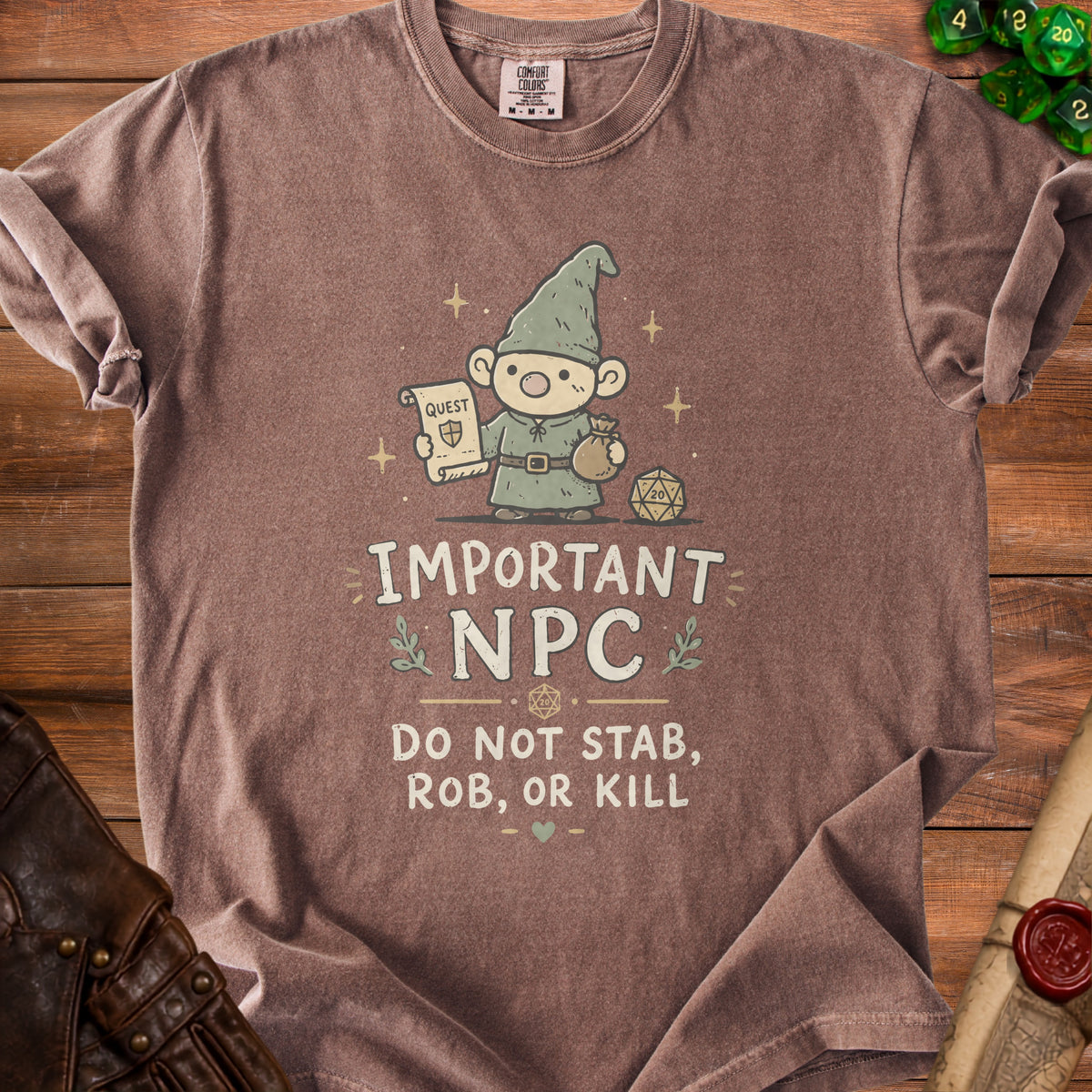 Brown t-shirt with gnome graphic and text "Important NPC Do Not Stab, Rob, or Kill".