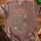 Brown t-shirt with "Dungeons & Cats" graphic showing cats as fantasy characters.
