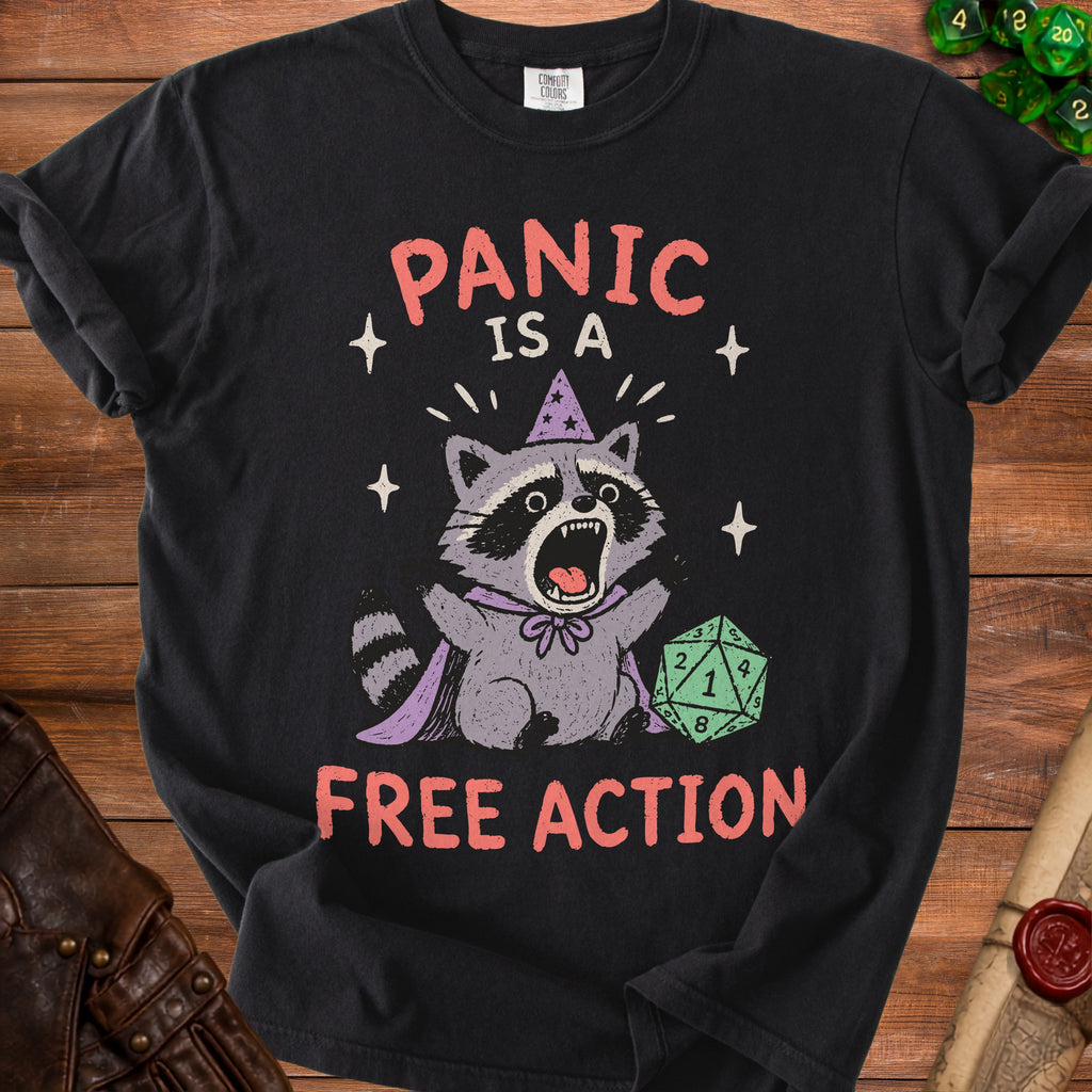 Black t-shirt with a distressed raccoon graphic and "PANIC IS A FREE ACTION" text.