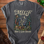 Skeleton in witch hat with coffee in forest with text "MILF Man I Love Forests."