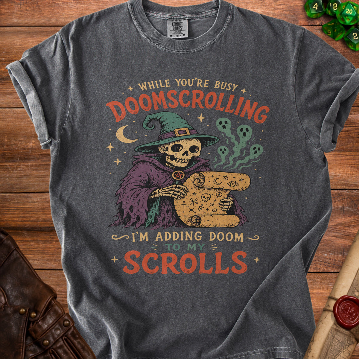 Dark gray t-shirt with skeleton wizard graphic and text "Doomscrolling".