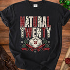 Black t-shirt with "Natural Twenty" text, a d20 die, and holiday accents.